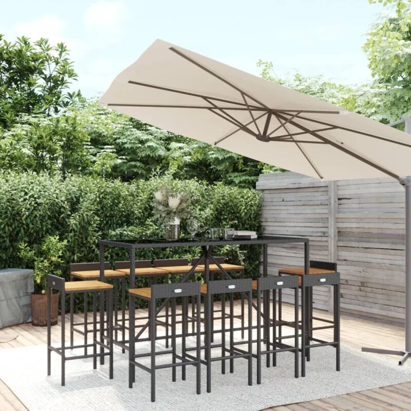 Image of VIDAXL 11 Piece Garden Bar Set Black Poly Rattan& Solid Wood Acacia Vidaxl 8720845880637