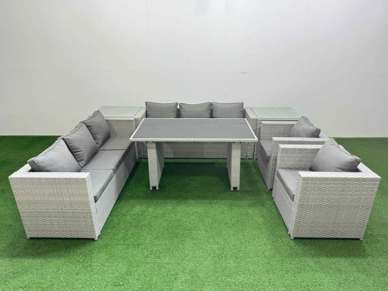Image of Fimous 8 Seater Outdoor Dining Table 3 Seater Sofa Set with 2 Side Tables in Light Grey Light Grey Unisex