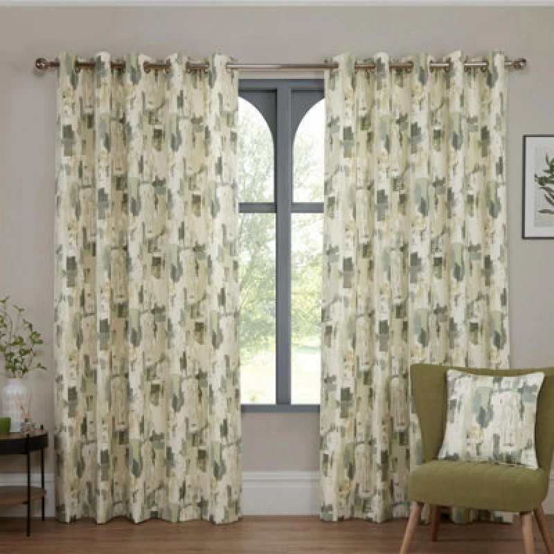 Image of Sundour Bamford Fully Lined Ready Made Abstract Eyelet Curtains Fennel 90X90"