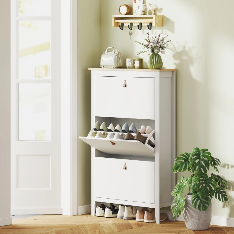 Image of HOMCOM HOMCOM Narrow Shoe Cabinet with 3 Flip Doors, Removable and Adjustable Shelves in White Size: Medium White Medium Unisex 5063603206731