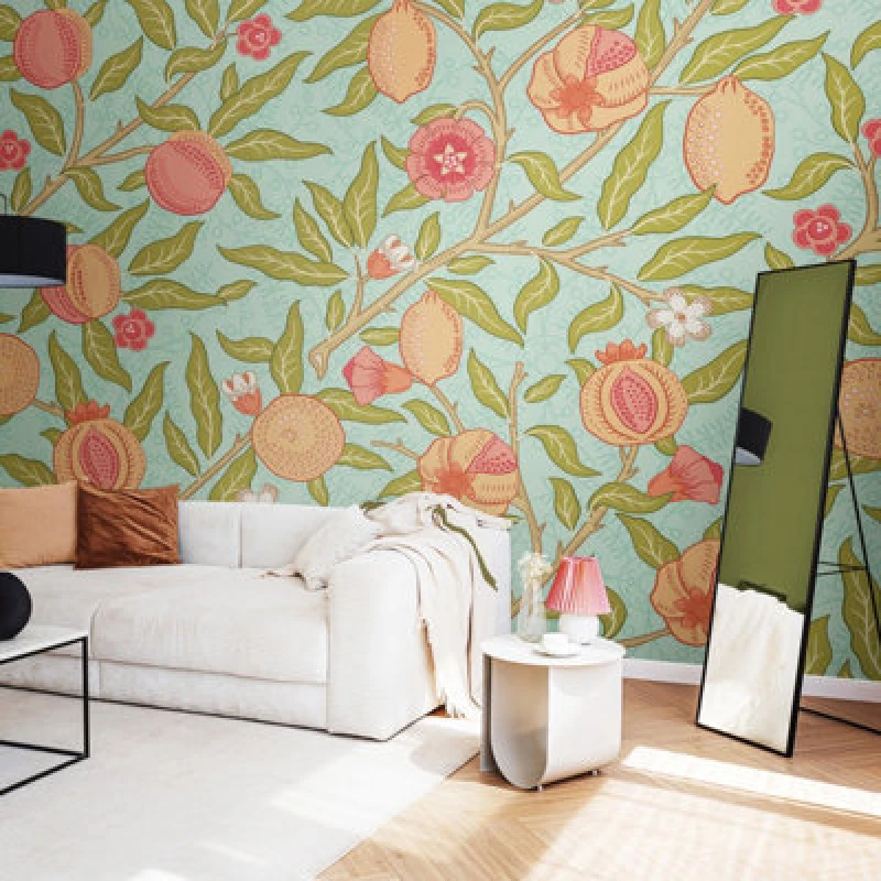 Image of Origin Murals Fruit And Foliage - Aqua And Apricot Matt Smooth Paste The Wall Mural 350Cm Wide X 280Cm High