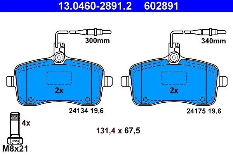 Image of ATE 13.0460-2891.2 Brake pad set incl. wear warning contact, with brake caliper screws Brake Pad Set,disc brake (402)