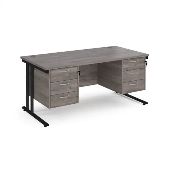 image of Maestro 25 straight desk 1600mm x 800mm with two x 3 drawer pedestals - Black cantilever leg frame, grey oak top