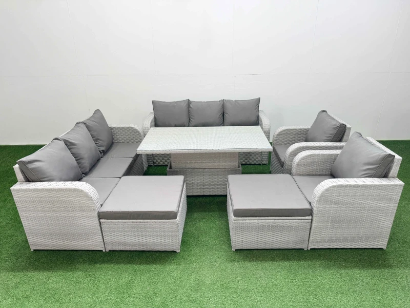 Image of Fimous PE Rattan High Back Lounge Sofa Set Patio Adjustable Lifting Dining or Coffee Table & Chairs Set with 3 Seater Sofa Reclining Chair 2 Big Foots