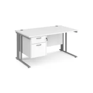 image of Office Desk Rectangular Desk 1400mm With Pedestal White Top With Silver Frame 800mm Depth Maestro 25 MCM14P2SWH