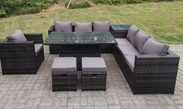 Image of Fimous 7 Seater Outdoor Dark Grey PE Rattan Lounge Complete Sofa Set with Rising Dining Table, 2 Stools
