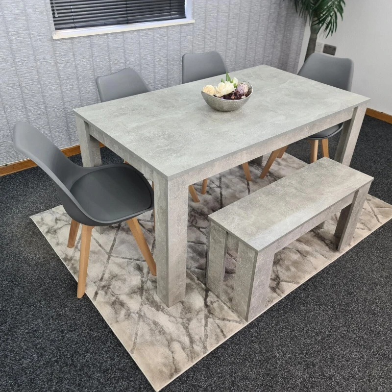 Image of KOSY KOALA Kosy Koala - Dining Table and 4 Chairs With Bench Stone Grey Effect Wood Table 4 Grey Plastic Leather Chairs Dining Room Stone grey 117 + 4