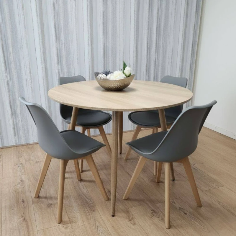Image of Kosy Koala Modern Round Dining Table Set With 4 Grey Plastic Chairs Dining Room Furniture