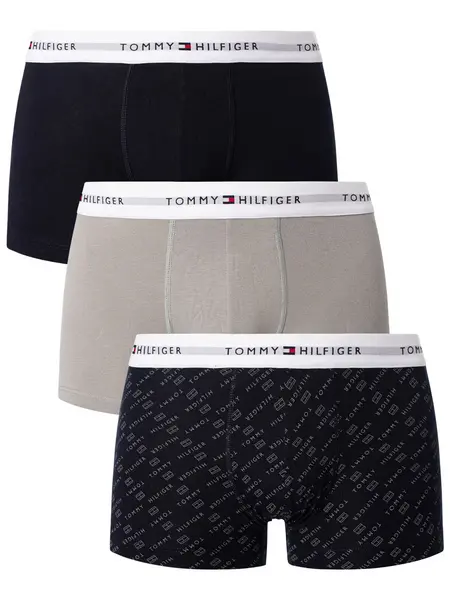 Image of Tommy Hilfiger 3 Pack Signature Cotton Essentials Trunks Logo Flag/Antique Silver/Desert Sky XXL