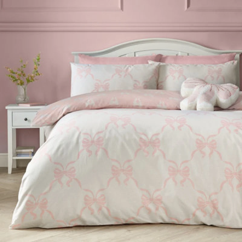 Image of Catherine Lansfield Pretty Bows Reversible Double Duvet Cover Set With Pillowcases Pink