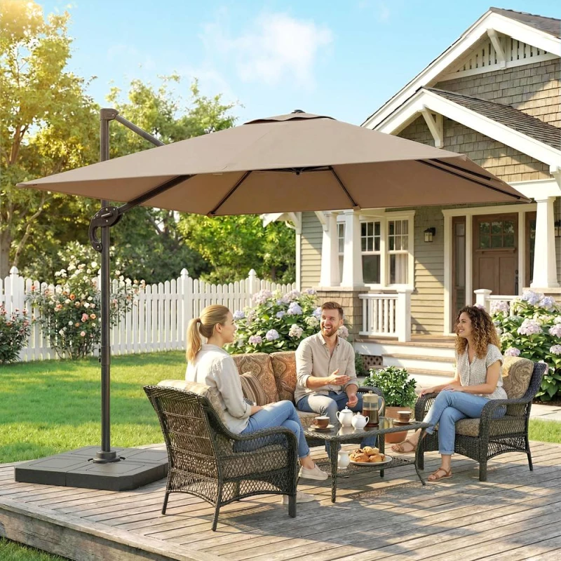 Image of OUTSUNNY 2.4 x 2.4 m Cantilever Parasol w/ Umbrella Weights in Khaki Khaki Unisex