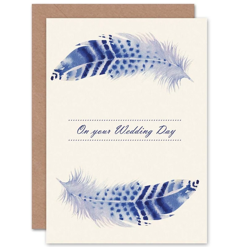 Image of Artery8 Blue Feathers Wedding Greetings Card Blue unisex