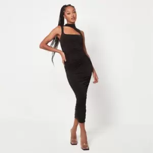 image of Missguided High Neck Ruched Slinky Midaxi Dress - Black