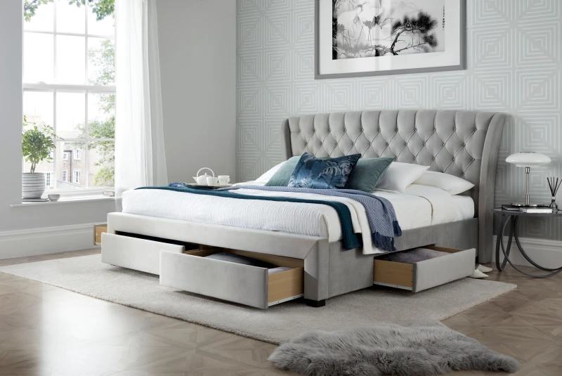 Image of Bedmaster Bedmaster Newton Velvet 4 Drawer Storage Bed And Majestic 1000 Pocket Sprung Mattress in Grey Size: Double Grey Double Unisex 950778612996