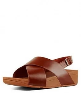 image of FitFlop Lulu Cross Back Leather Wedge Sandal Shoes - Caramel, Caramel, Size 6, Women