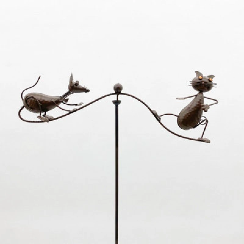 Image of Minster 54" Garden Balance Cat With Mouse Stake - Metal - L70 X W70 X H120 Cm