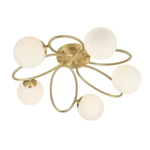 Image of Ellipse Semi Flush 5 Light Lamp Satin Brass, Opal Glass Globe
