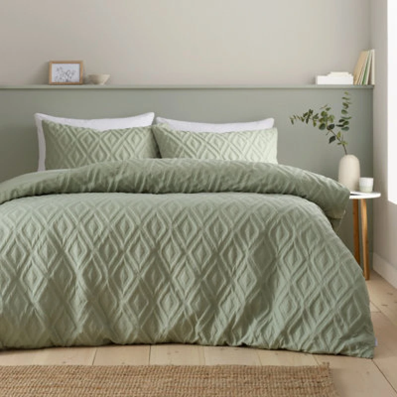 Image of Catherine Lansfield Jacob Geo Soft Touch Double Duvet Cover Set With Pillowcases Sage Green