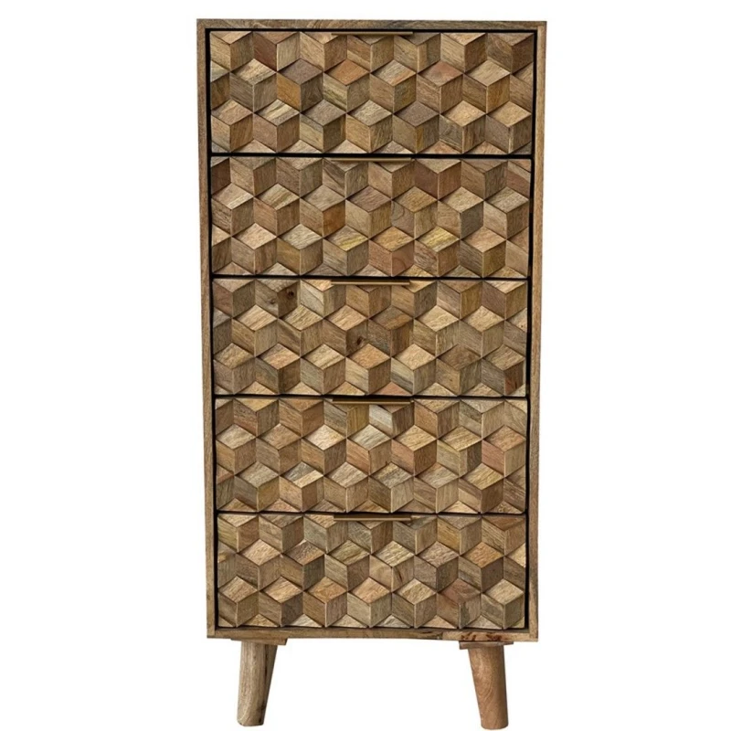 Image of Jaipur Furniture Ltd Geometric 5 Drawer Tall Chest - Mango Wood - L40 x W55 x H118cm - Mango Light Finish in Brown Brown Unisex