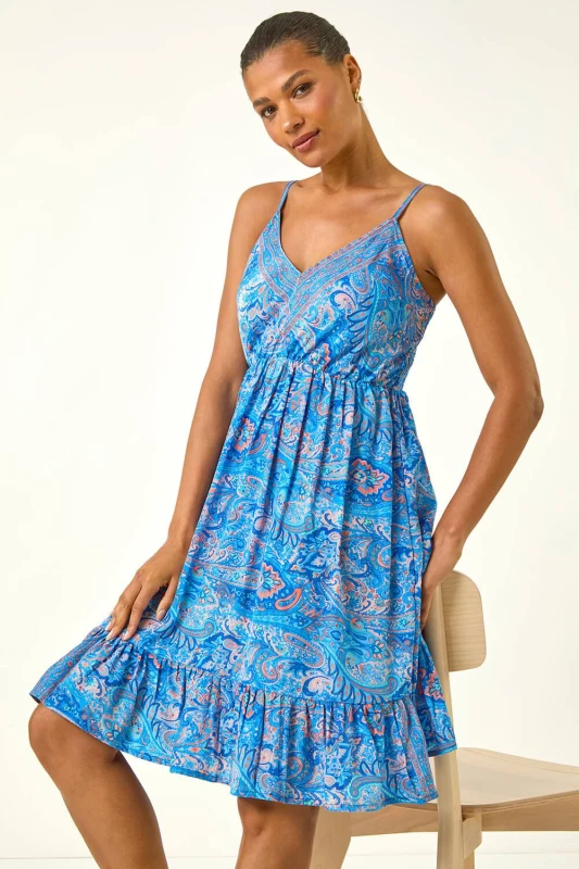 Image of Roman Womens Paisley Print Strap Frill Dress in Blue Size: 18 Blue Female 18