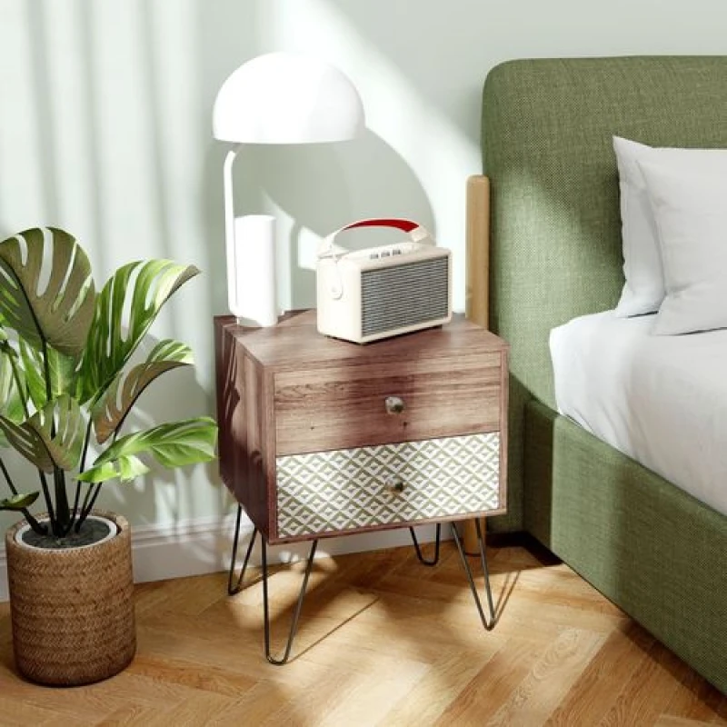 Image of HOMCOM 2-Drawer Nightstand, Sofa Bedside Table for Living Room, Bedroom Brown