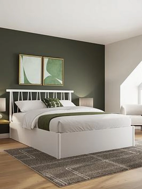 Image of GFW Fusum Double Spindle Ottoman Oak Bed & Bonnel Mattress, Brown FUS46OKSB
