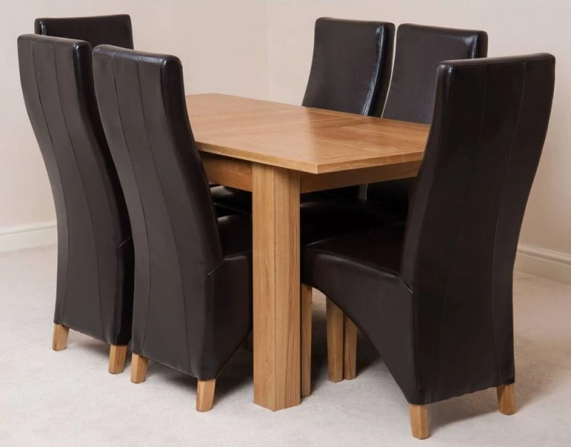 Image of Thats Furniture Hampton 120-160cm Oak Extending Dining Table & 6 Lola Leather Chairs in Brown Brown Unisex