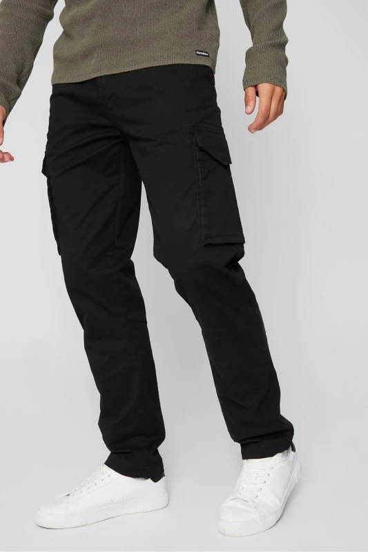 Image of Threadbare Threadbare Men 'Drill' Cotton Cargo Trousers With Stretch in Black Size: 32R Black 32R Male 7625914331243
