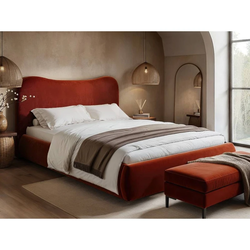Image of Solace+Co Ember Ottoman Bed Orange Velvet Size: Double Orange Unisex Double