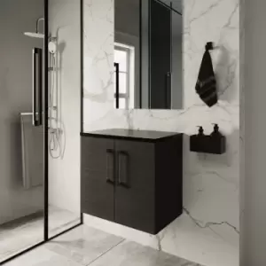 image of Nuie Arno Wall Hung 2-Door Vanity Unit with Sparkling Black Worktop 600mm Wide - Black Woodgrain