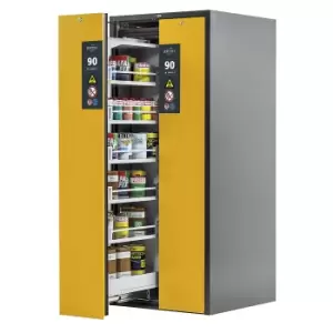 image of asecos Type 90 fire resistant vertical pull-out cabinet, 2 drawers, 10 shelves, grey/yellow