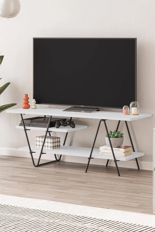 Image of FWStyle TV Unit 3 Tier Matt White Scratch Resistant Modern Black Metal Frame White
