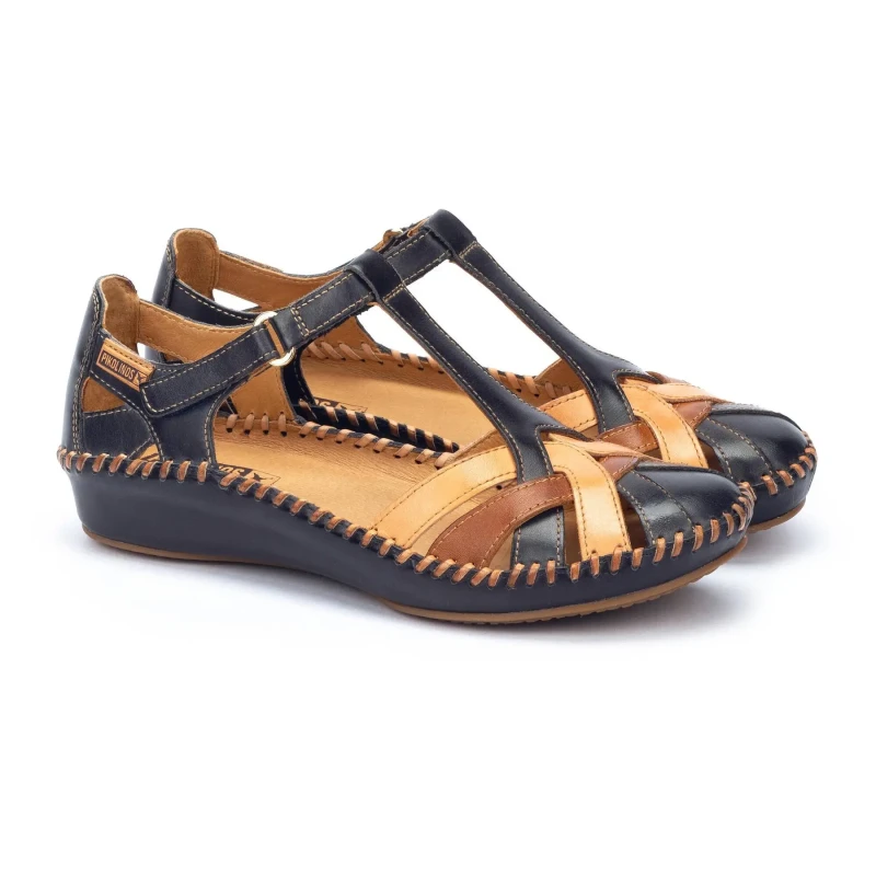 Image of Pikolinos Puerto Vallarta 655-0732C5 Leather Womens Wedge Sole Sandals - Navy Blue - Size:UK 7-7.5