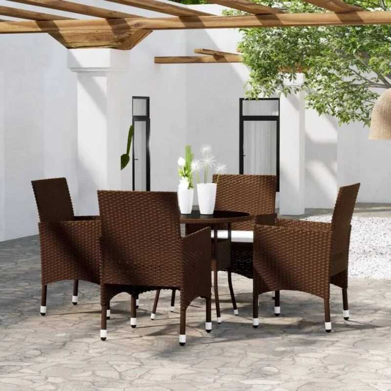Image of VIDAXL 5 Piece Garden Bistro Set Poly Rattan and Tempered Glass Brown Vidaxl 8720286852354
