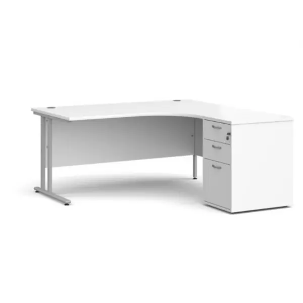 image of Office Desk Right Hand Corner Desk 1600mm With Pedestal White Top With Silver Frame Maestro 25