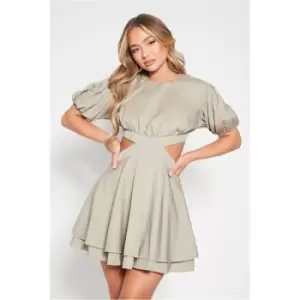 Image of I Saw It First Woven Puff Sleeve Tiered Cut Out Skater Dress - Grey