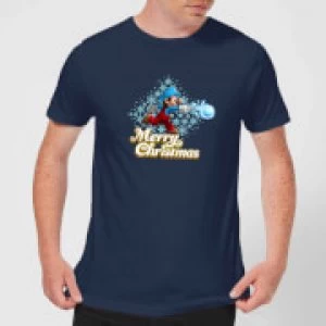 Image of Nintendo Super Mario Mario Snowball Christmas Navy T-Shirt - L - Navy