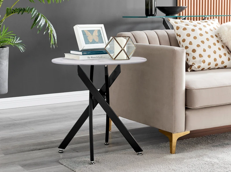 Image of FurnitureboxUK FurnitureboxUK Novara Round Marble Effect Glass Top Side Table With Black Metal Starburst Legs in White White One Size Unisex 505654269