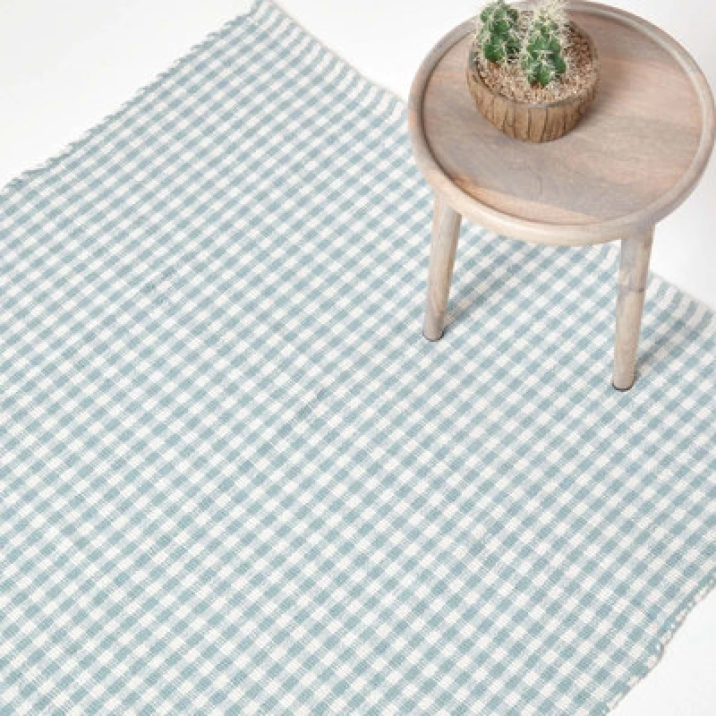 Image of Homescapes Cotton Gingham Check Rug Hand Woven Blue White, 70 X 120 Cm