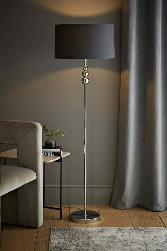 Image of ValueLights Marissa Fabric Drum Shade with Chrome Stacked Ball Floor Lamp Charcoal