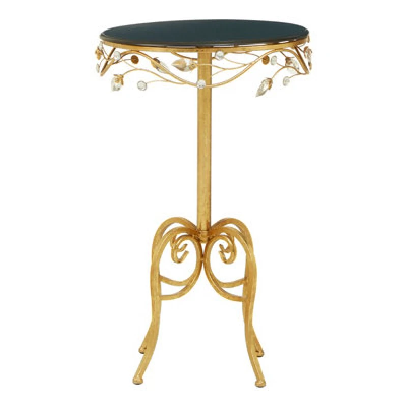 Image of Premier Housewares Interiors By Premier Elegant Round Table With Black Wooden Top, Sturdy Small Table For Bedroom, Stylish Outdoor Side Table Gold