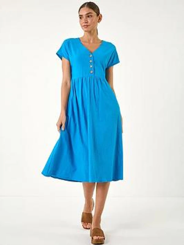 Image of Roman Womens Linen Look Button Midi Dress in Blue Size: 18 Blue Female 18
