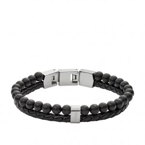 Image of Fossil Mens Black Leather & Agate Bead Bracelet