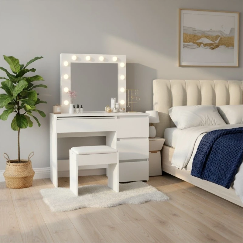 Image of Levede Levede Dressing Table Vanity Set Stool Makeup LEDs Mirror Jewellery Organizer White