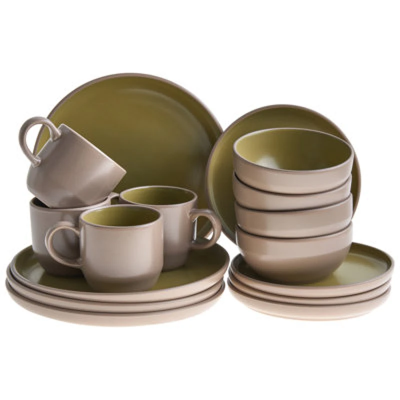 Image of Beliani Set Of 16 Dinnerware Nutmeg Stoneware Beige/ Green
