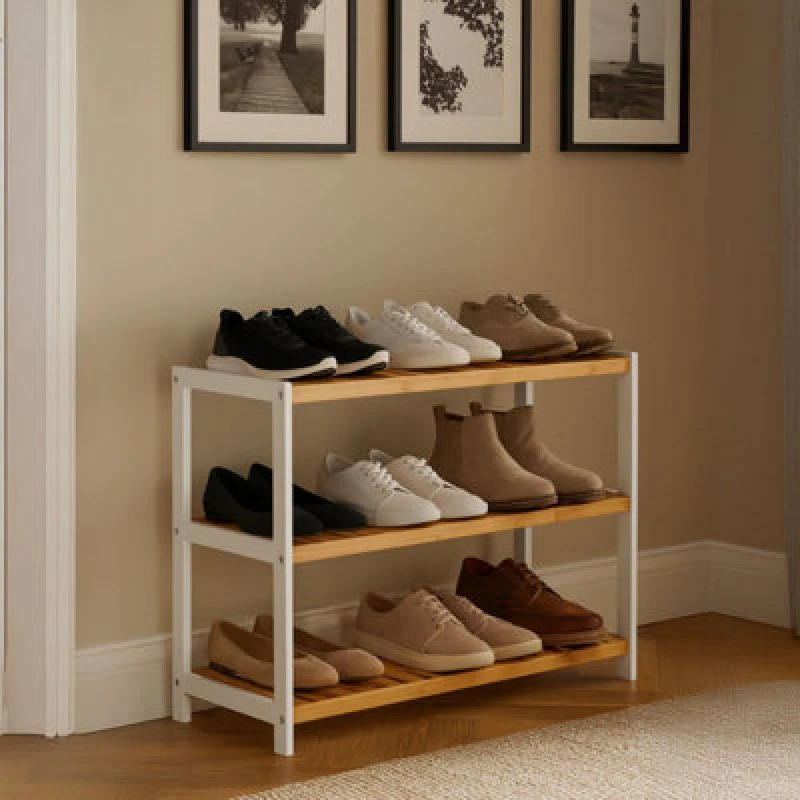Image of Neo 3 Tier Wooden Shoe Storage in Natural White Natural White Unisex