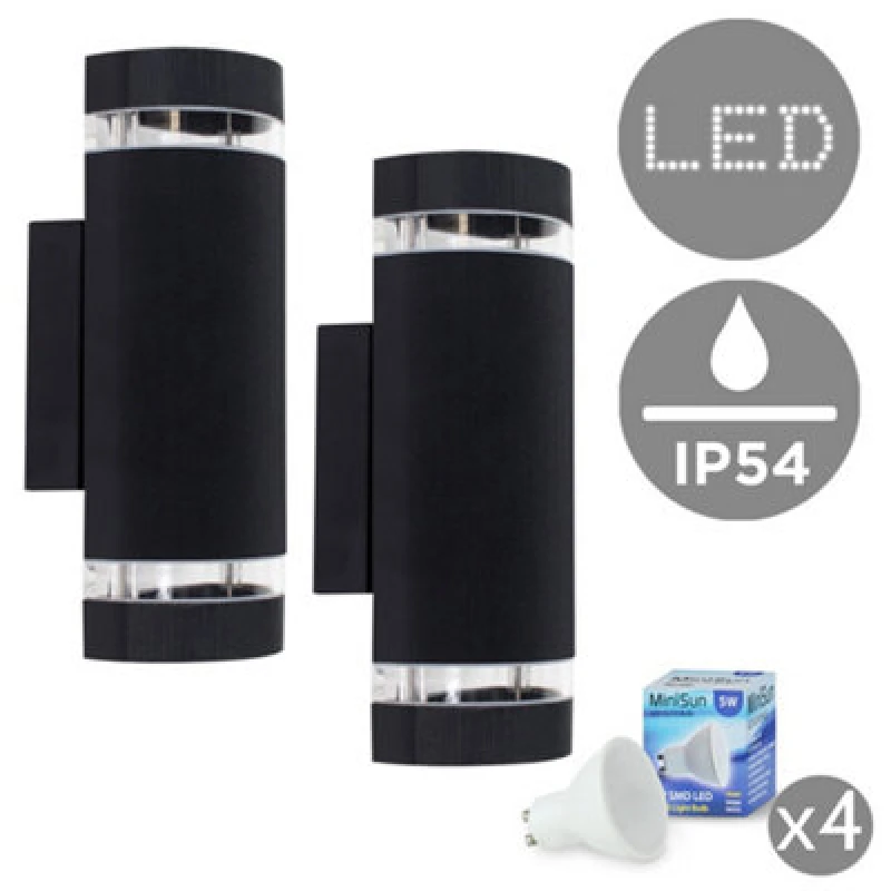Image of Valuelights Ryston 2 X Aluminium Outdoor Ip54 Rated Black Ribbed Glass Shade Wall Light Fittings With Gu10 LED Bulbs Warm White