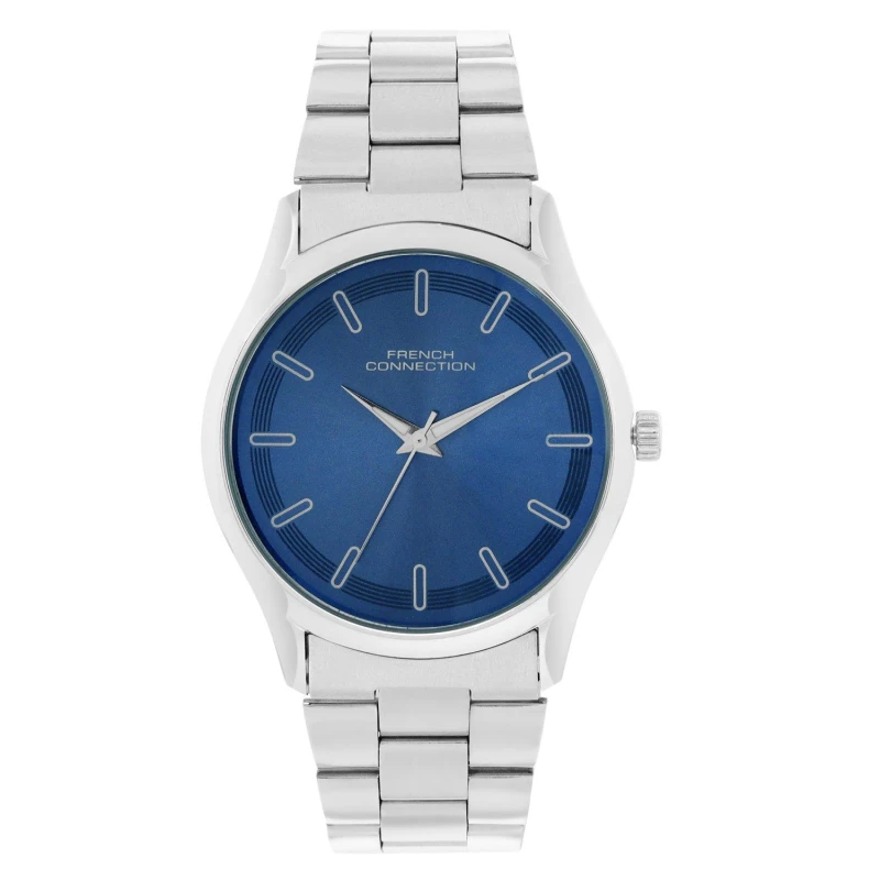 Image of French Connection Silver Case Round Shape Silver Strap Quartz Watch Navy Blue male One Size
