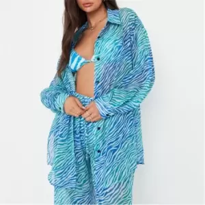 Missguided Zebra Print Ombre Sheer Mesh Beach Cover Up Shirt - Blue