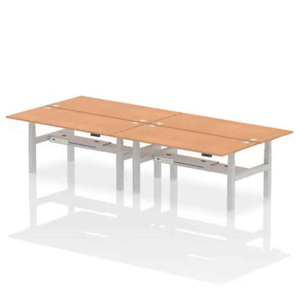 Image of Air Air Back-to-Back 1800 x 800mm Height Adjustable 4 Person Bench Desk Oak Top with Cable Ports Silver Frame HASCP4P18800OAKS